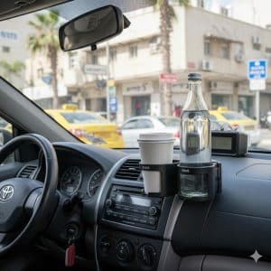 מחזיק כוסות ובקבוקים למונית עם בקבול וכוס